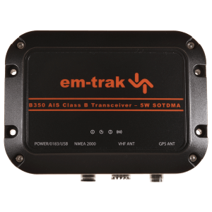 The em-trak B350 is a certified high powered AIS Class B transceiver that is ideal for those requiring enhanced AIS transmit capabilities with guaranteed seamless connectivity to their MFD’s, displays and APP’s.